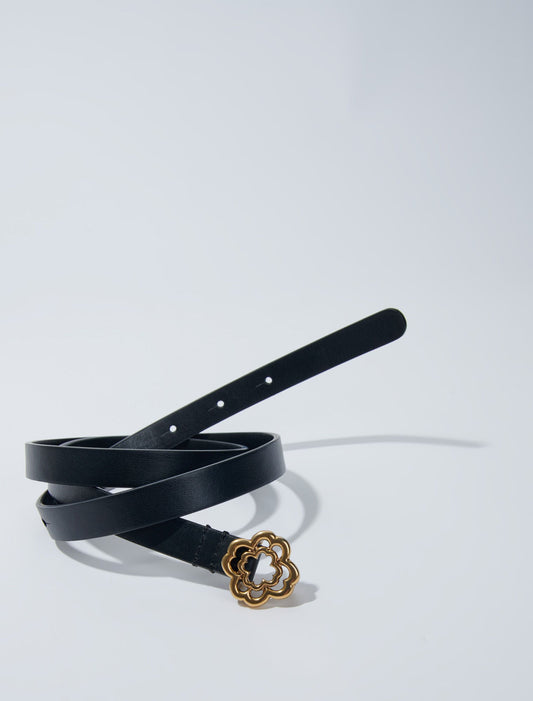 Black  -Narrow black leather belt gold buckle