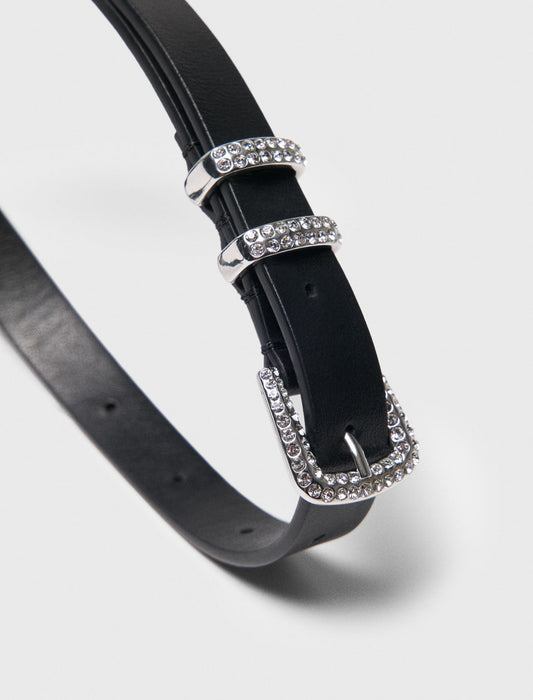 mface00455 slim belt with diamante buckle black