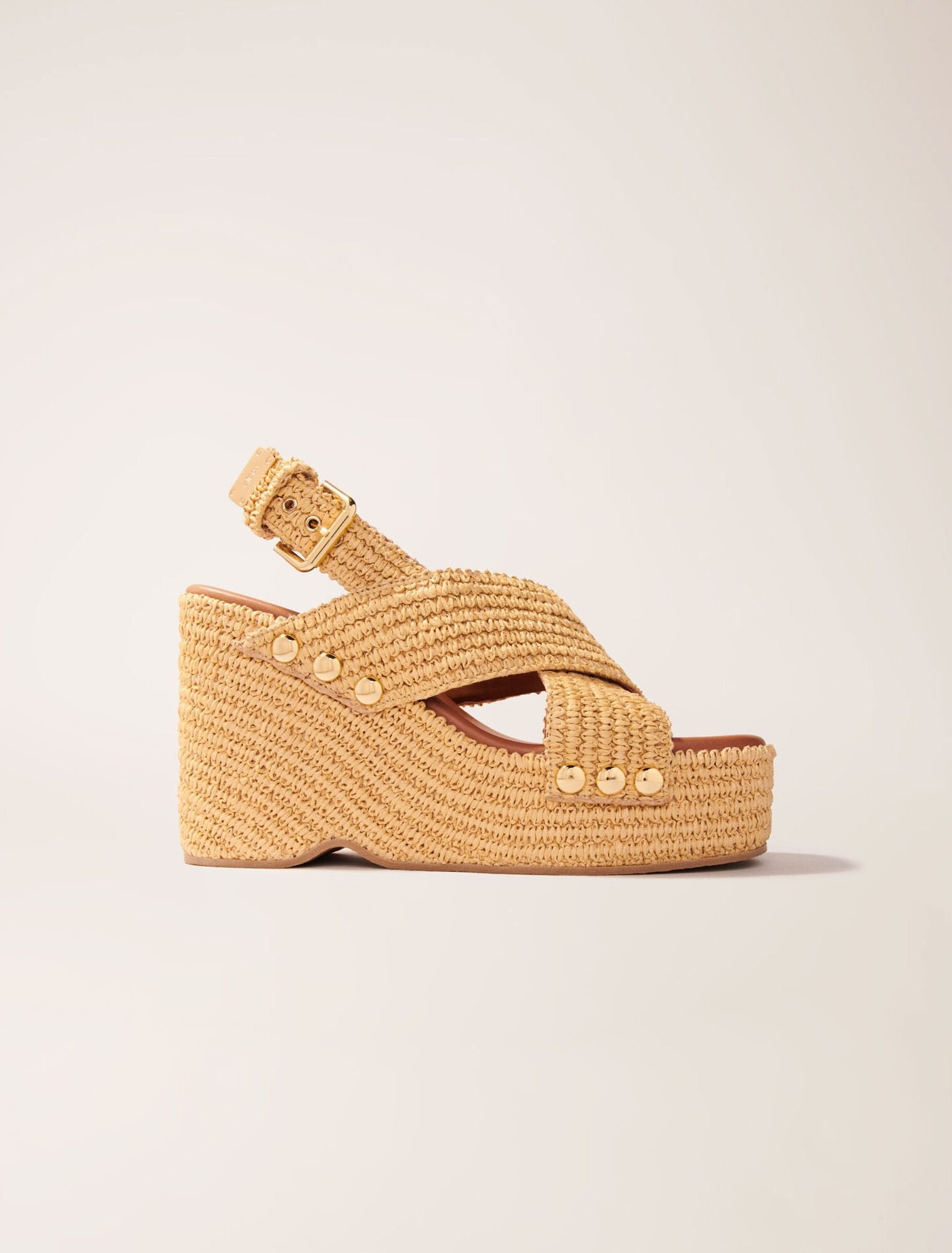 Beige light-featured-Wedge sandals with raffia effect