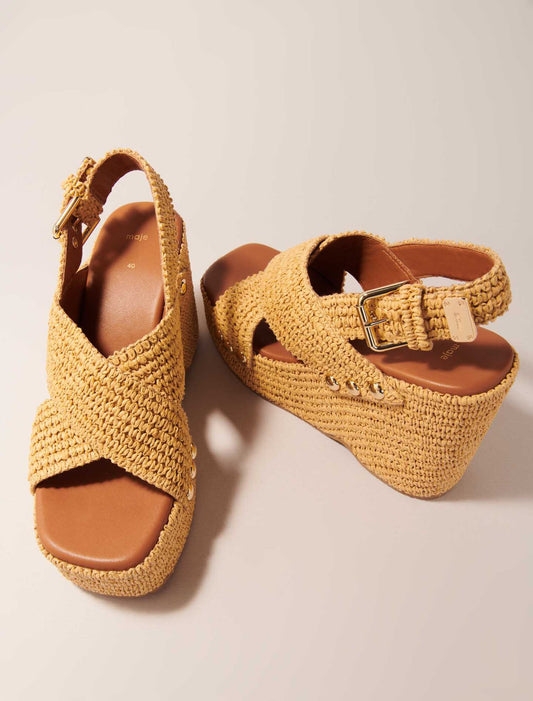 Beige light-Wedge sandals with raffia effect