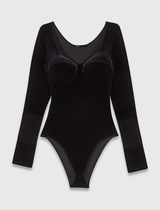 mfpbd00037 velvet and corset detail bodysuit black