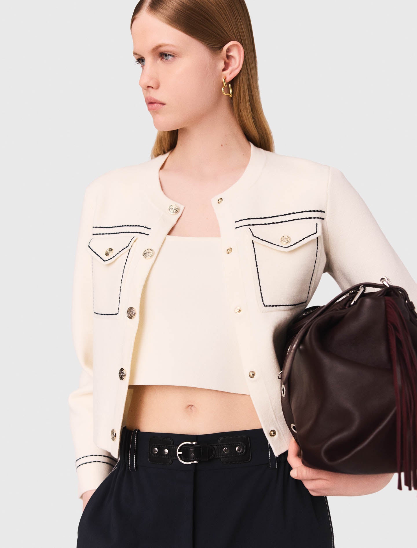 Topstitched cropped cardigan