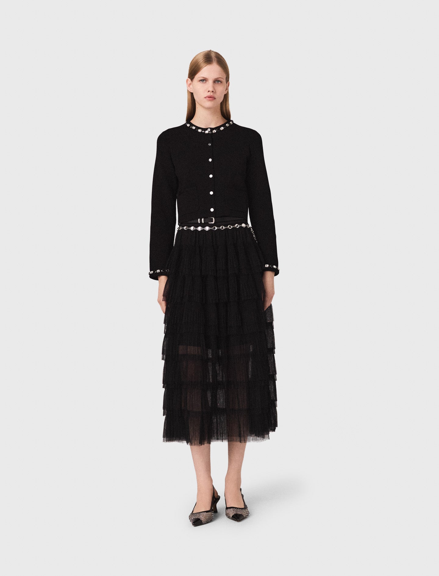 Cropped jewellery detail cardigan Black