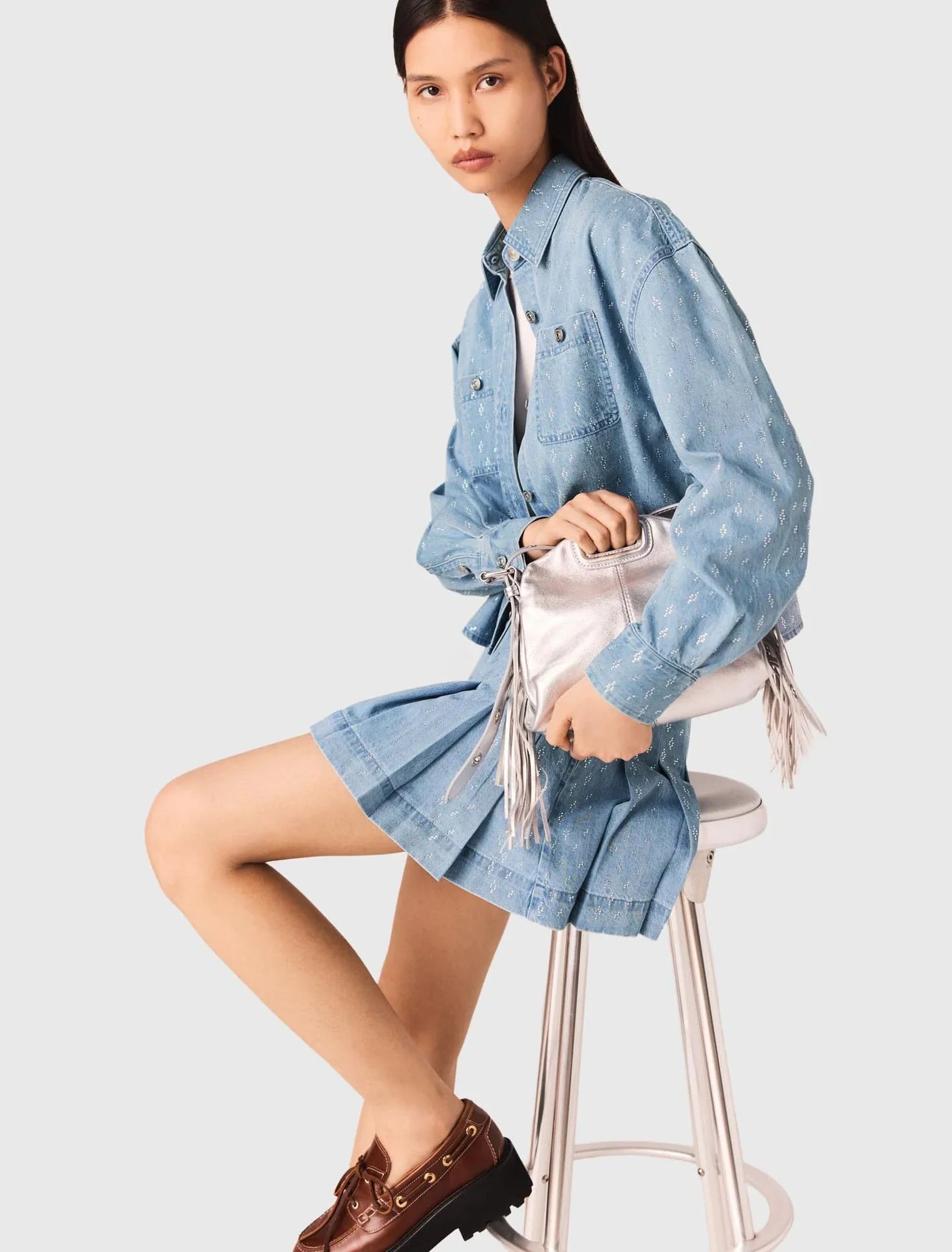 Short rhinestone denim shirt