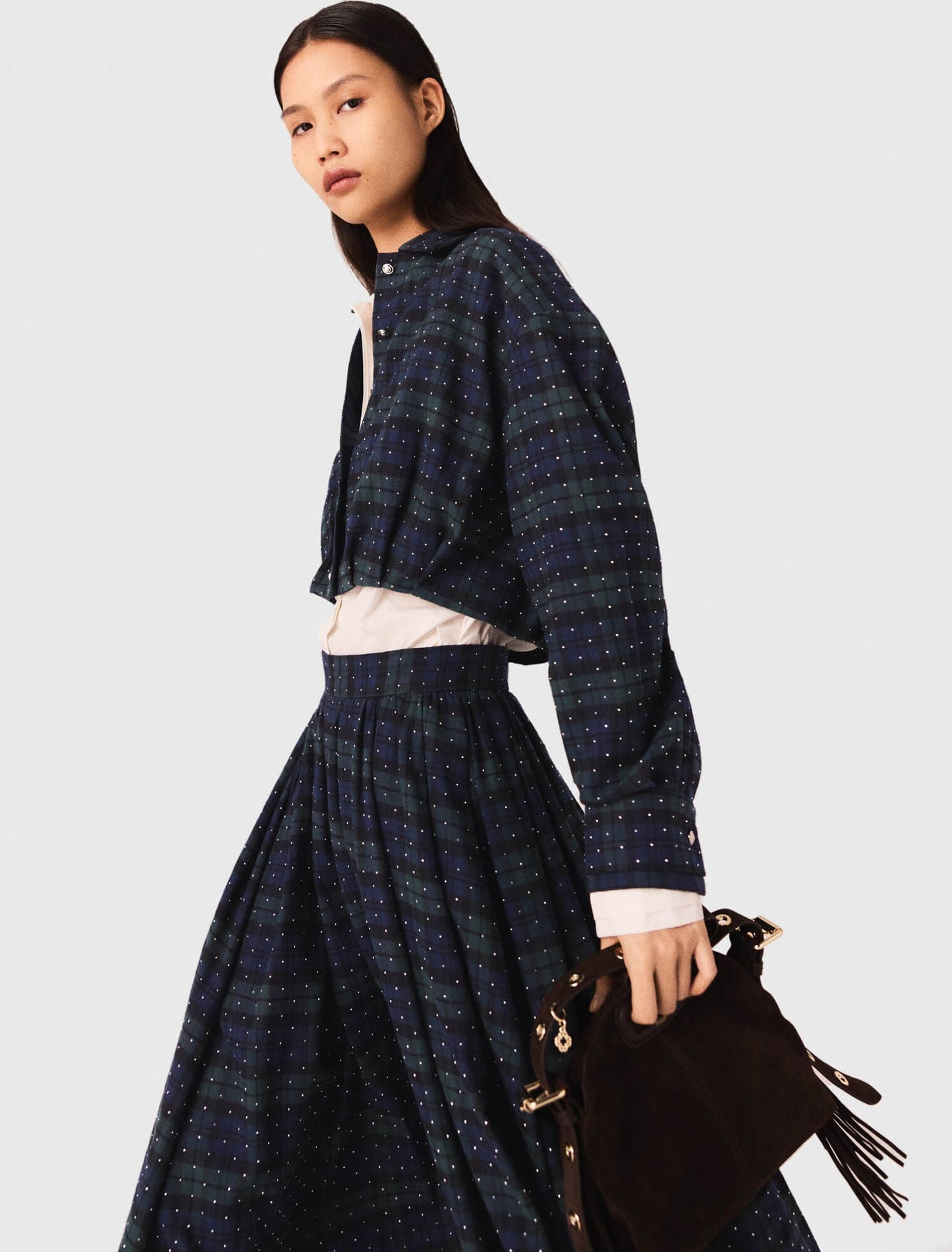 Checked rhinestone cropped shirt