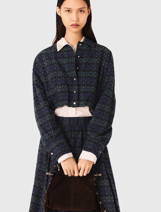 Checked rhinestone cropped shirt
