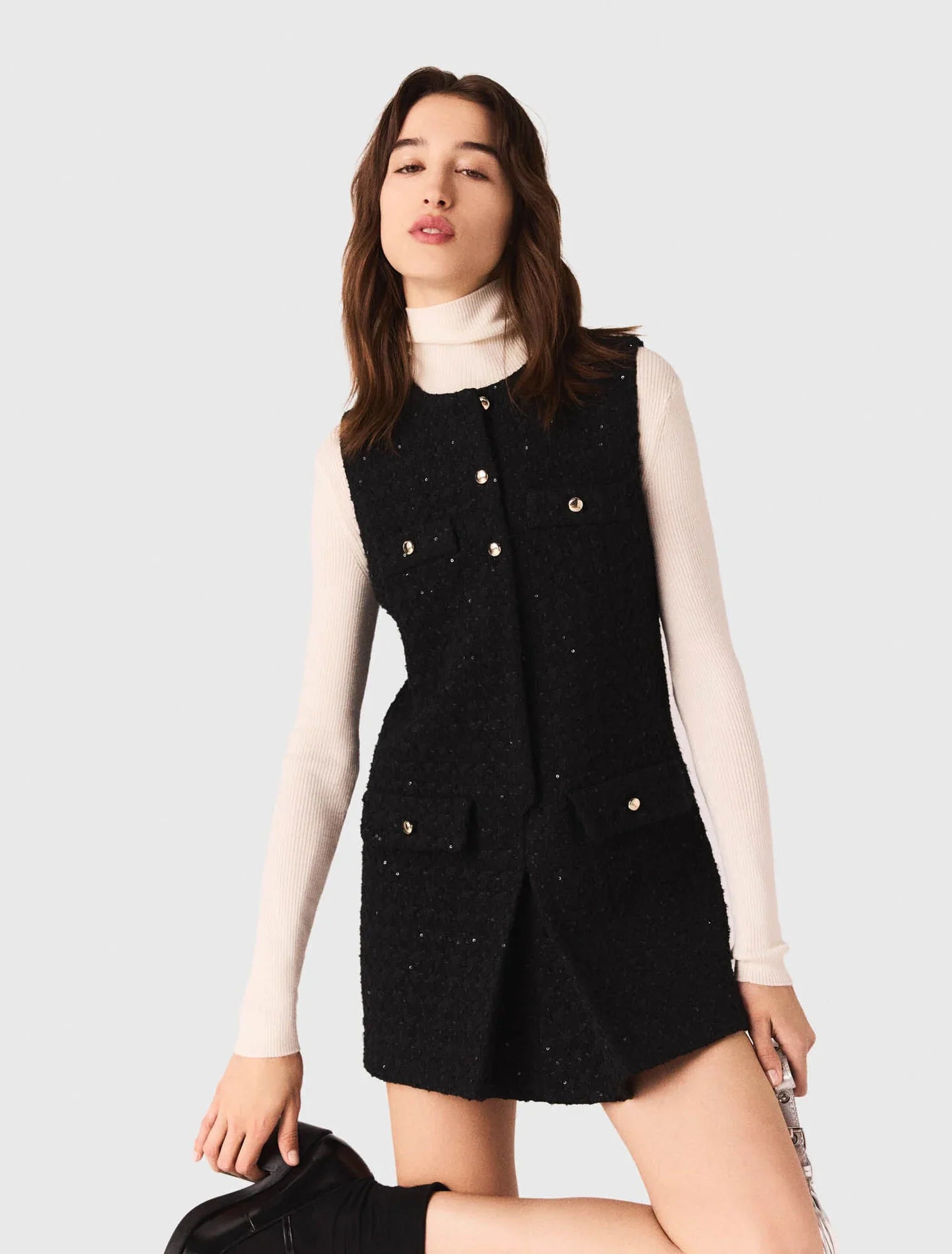 mfpco00357 tweed playsuit with rhinestones black