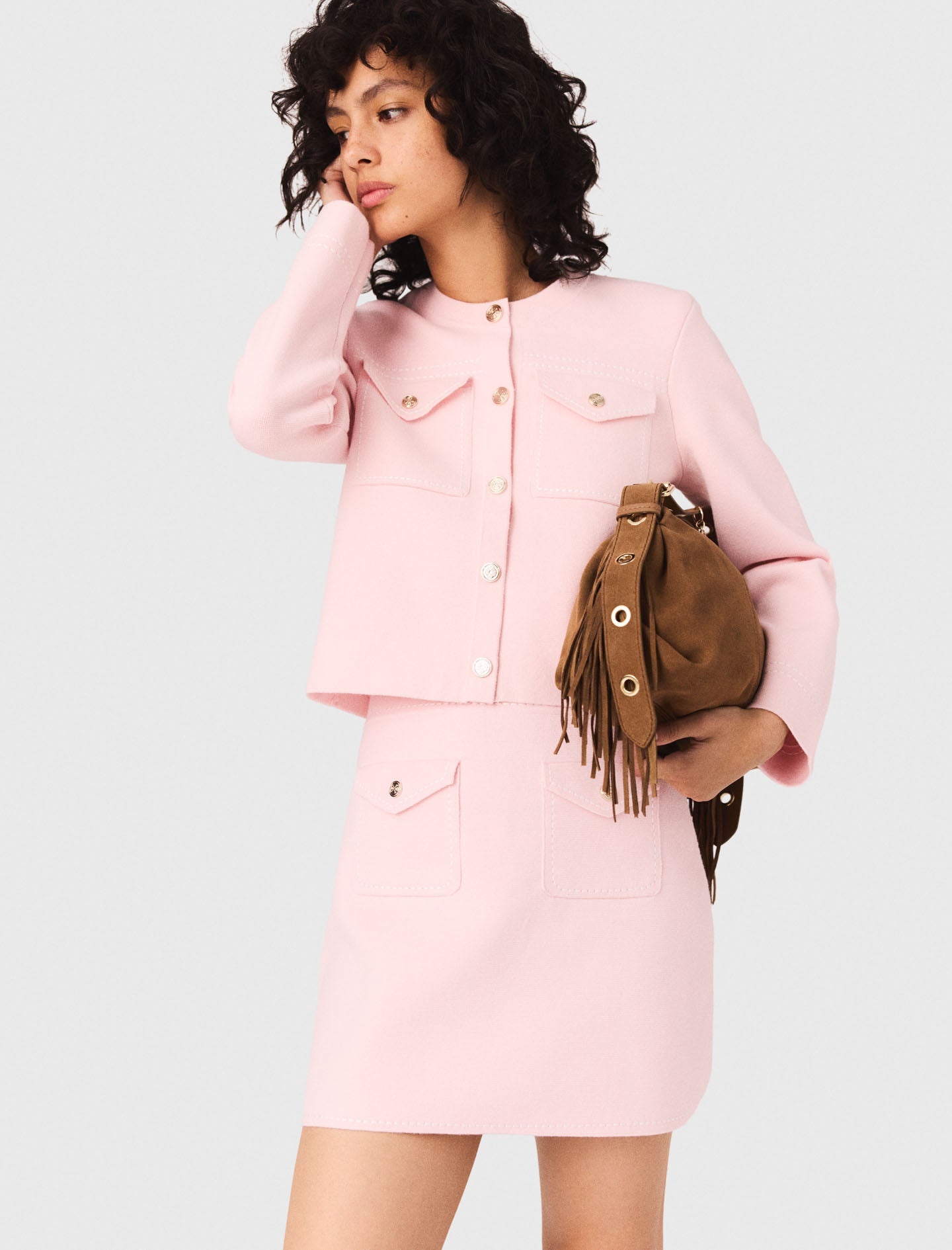 Short topstitched knit skirt