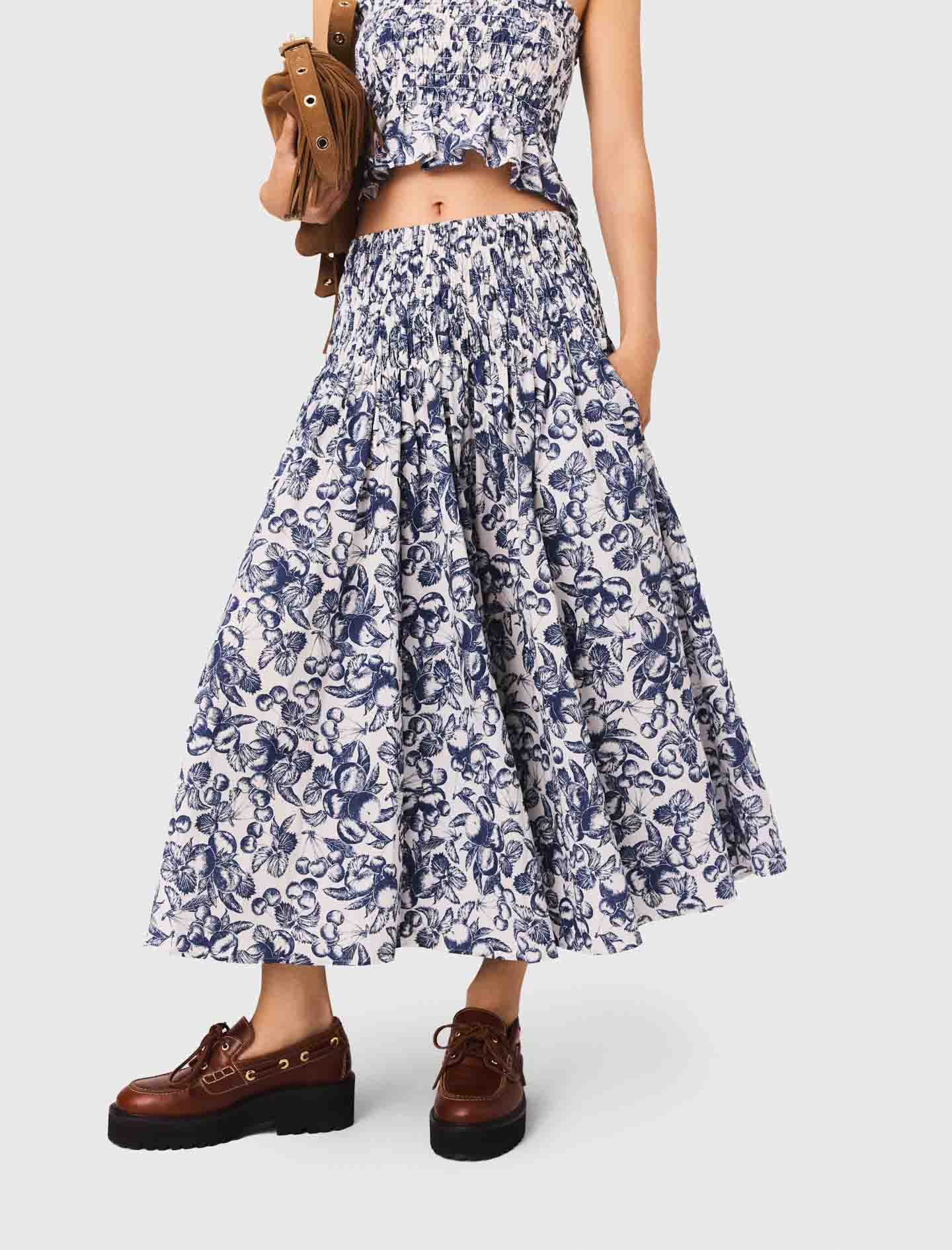 Blue Fruits Print  Long printed skirt