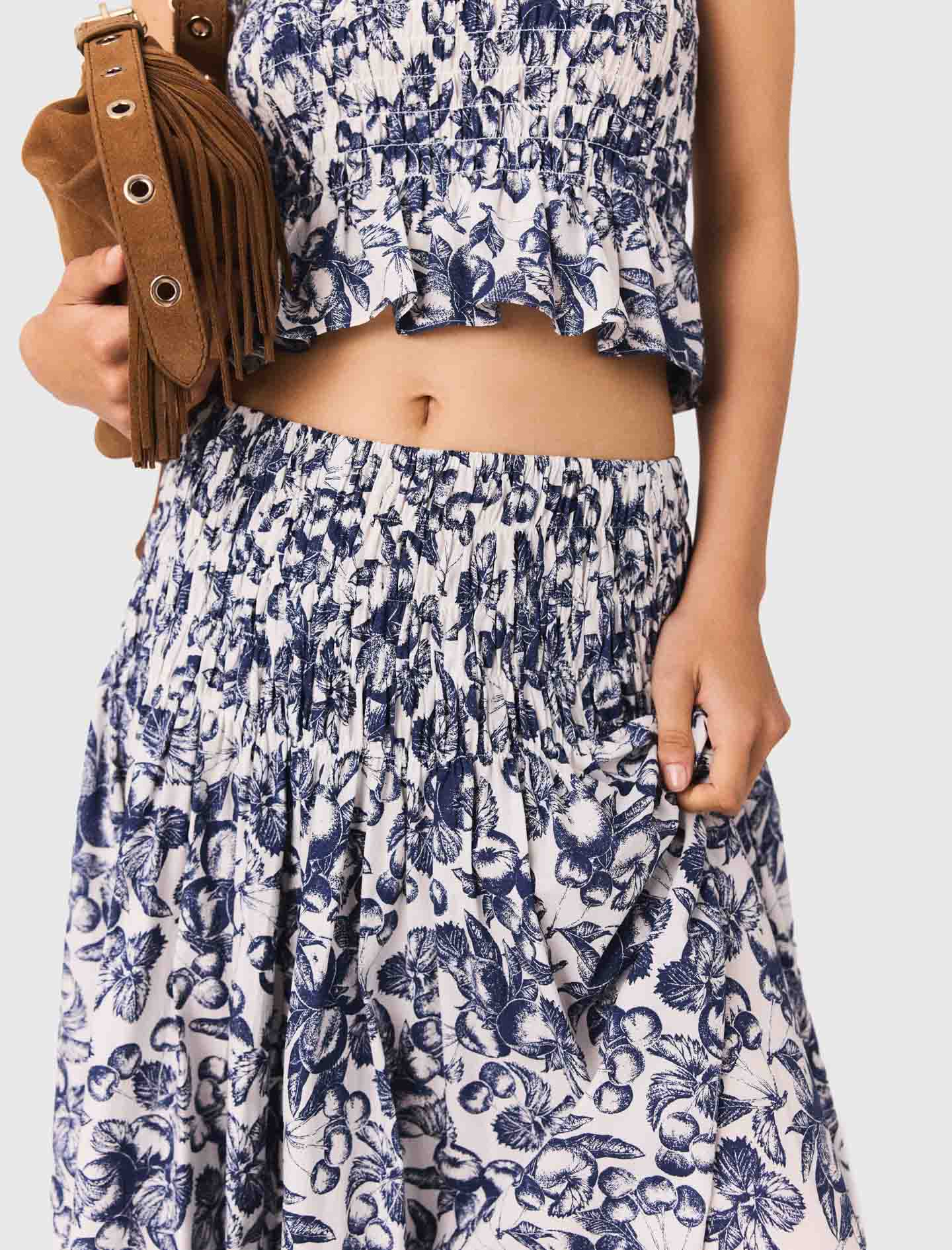 Blue Fruits Print  Long printed skirt