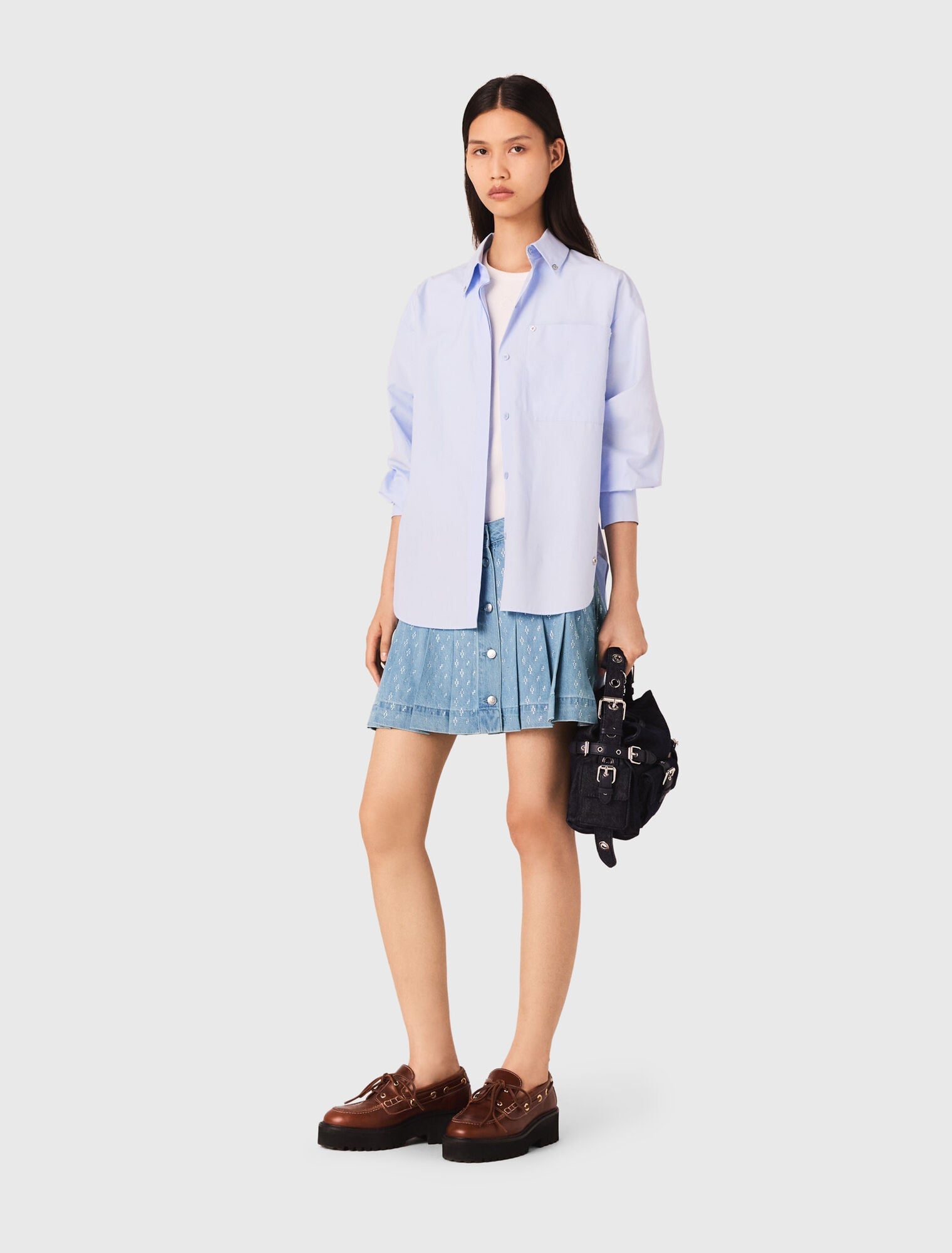 Rhinestone pleated denim skirt