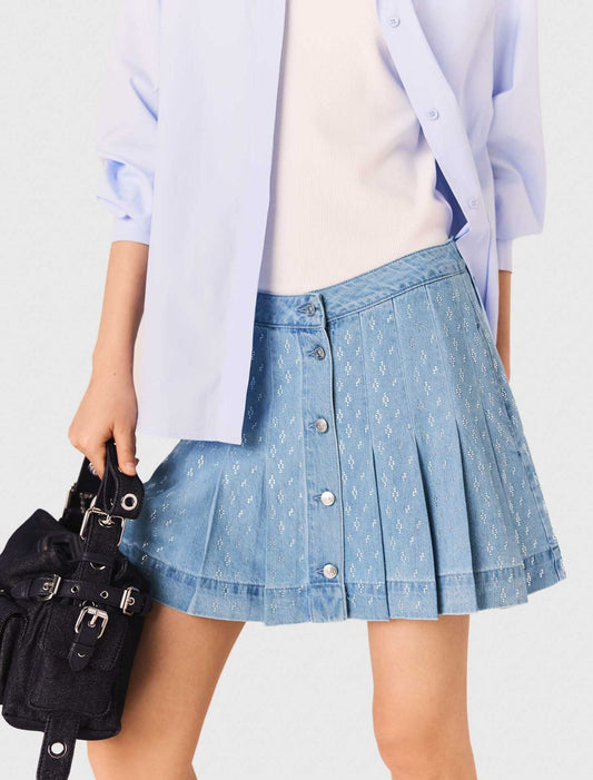 Rhinestone pleated denim skirt