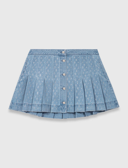 Rhinestone pleated denim skirt