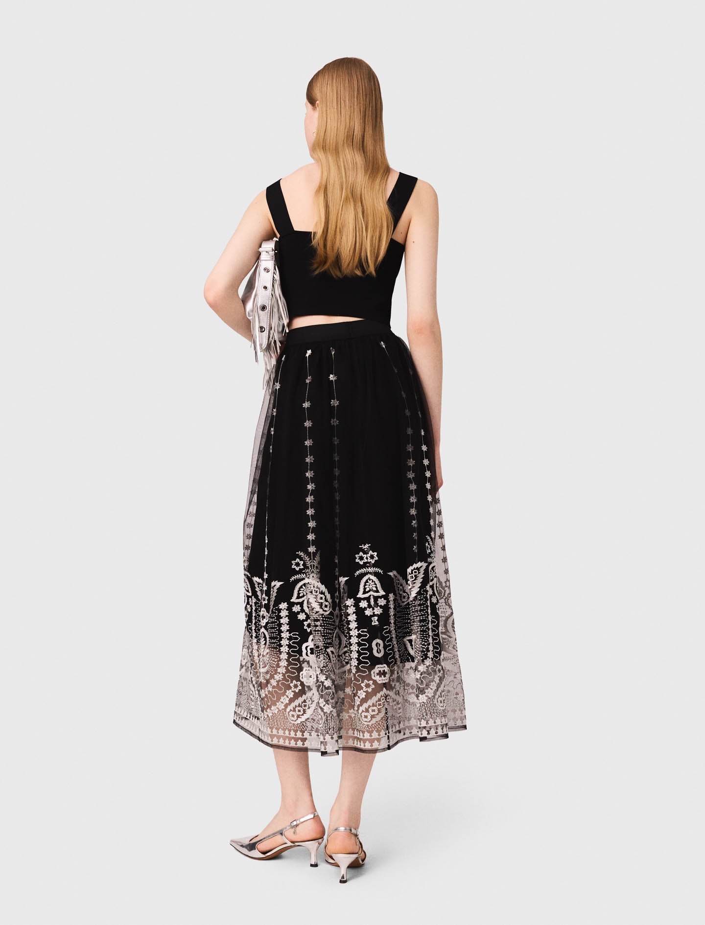 Long embroidered tulle skirt