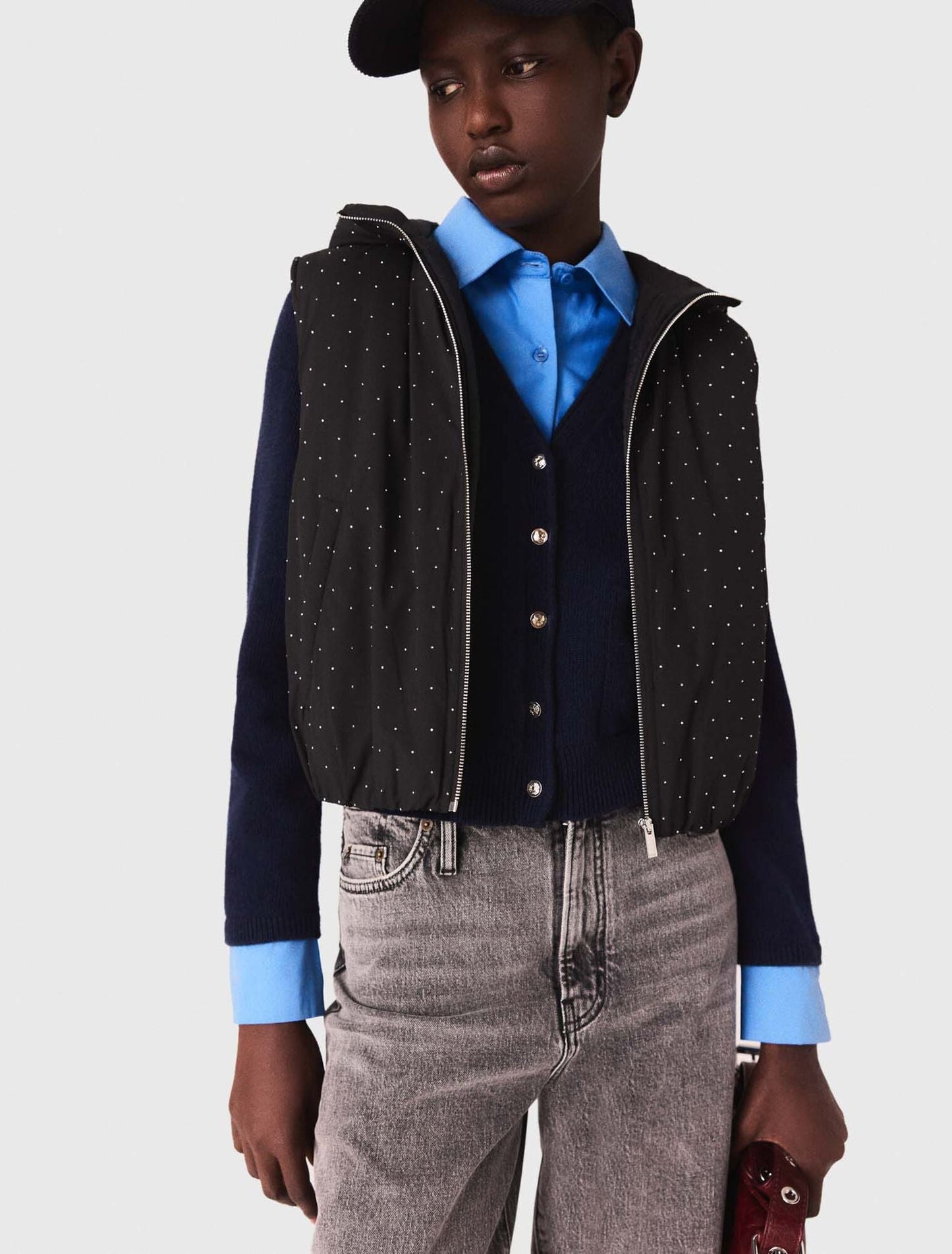 mfpou01415 rhinestone sleeveless puffer jacket black