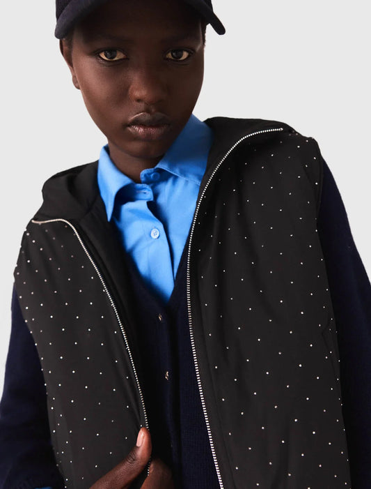 mfpou01415 rhinestone sleeveless puffer jacket black