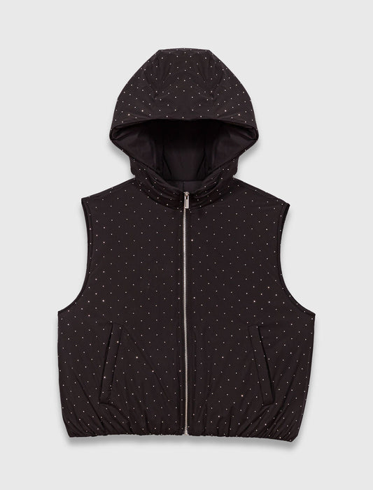 mfpou01415 rhinestone sleeveless puffer jacket black