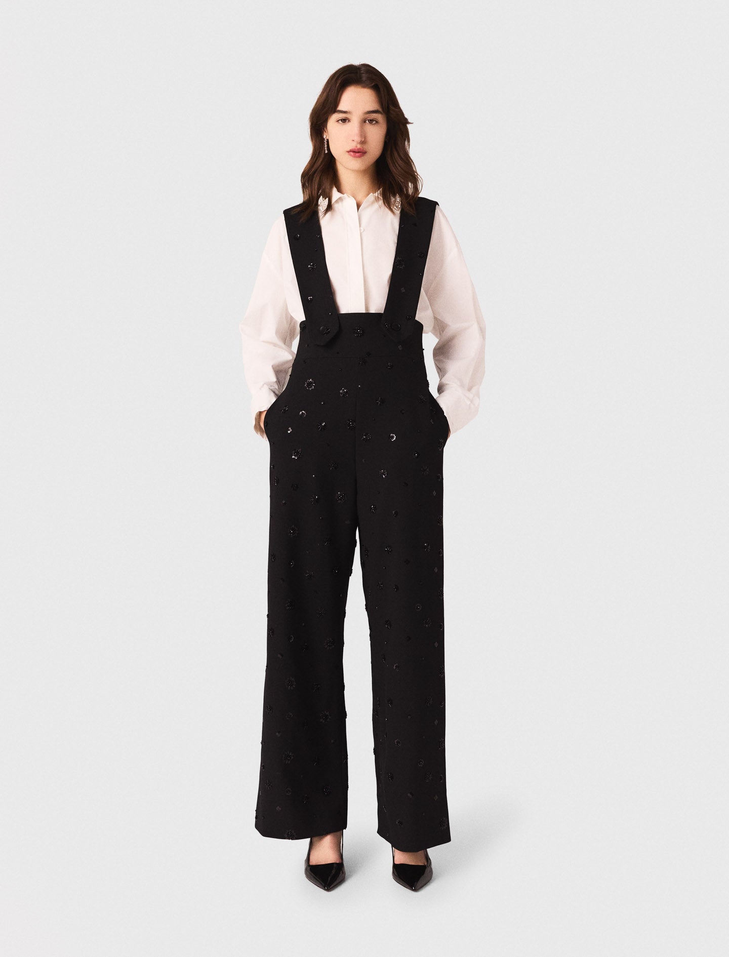 Embroidered trousers with braces Black