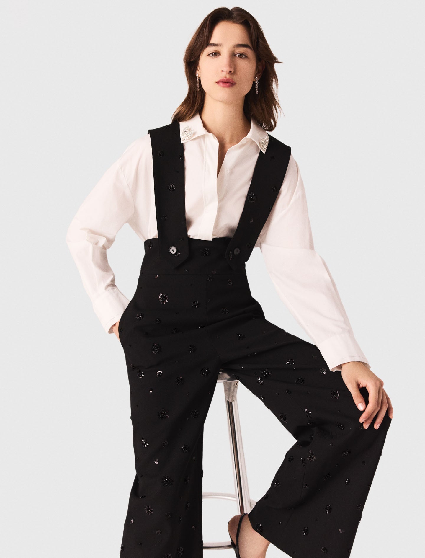 Embroidered trousers with braces Black