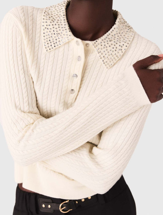 Knit polo shirt with rhinestone collar