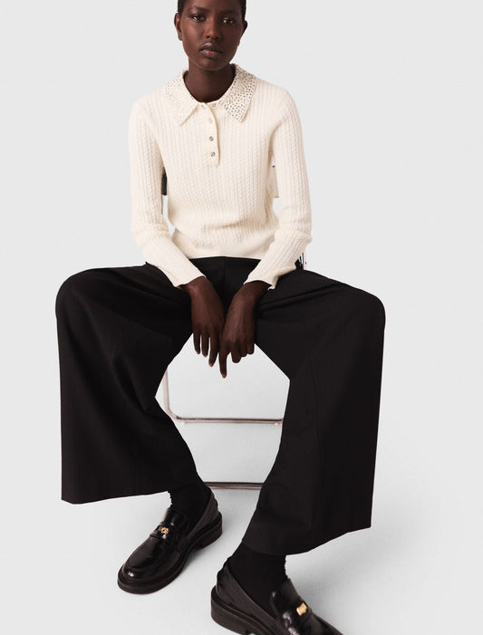 Knit polo shirt with rhinestone collar