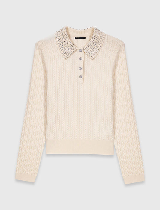 Knit polo shirt with rhinestone collar