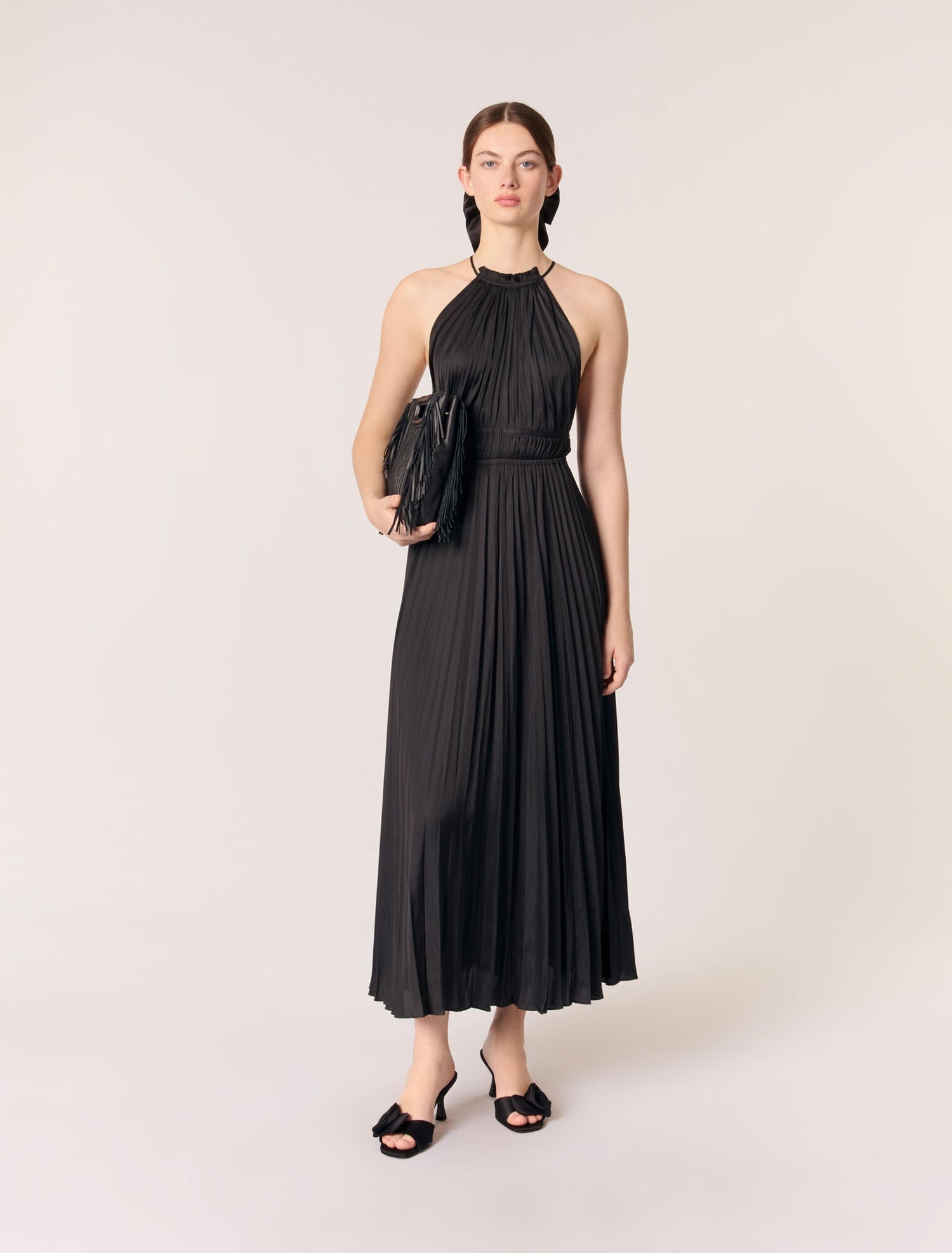 Black-featured-pleated satin maxi dress