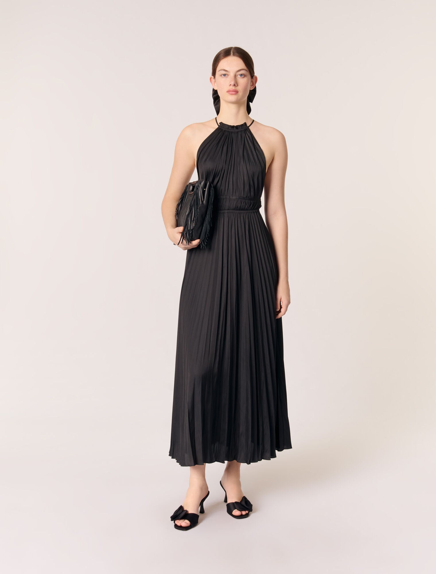 Black-featured-pleated satin maxi dress