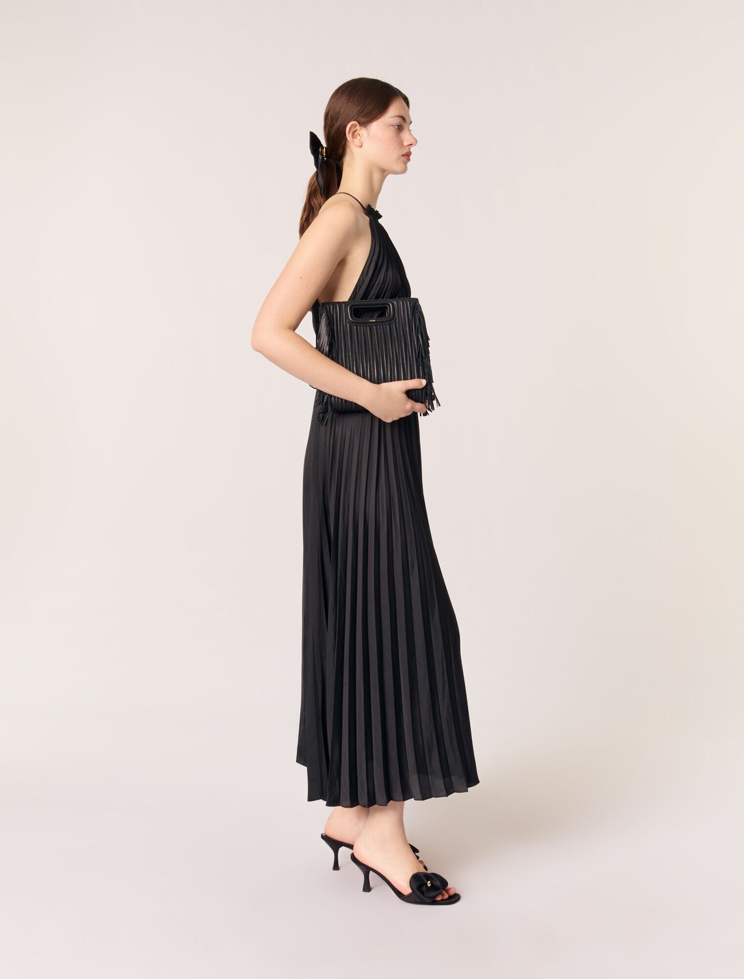 Black-pleated satin maxi dress
