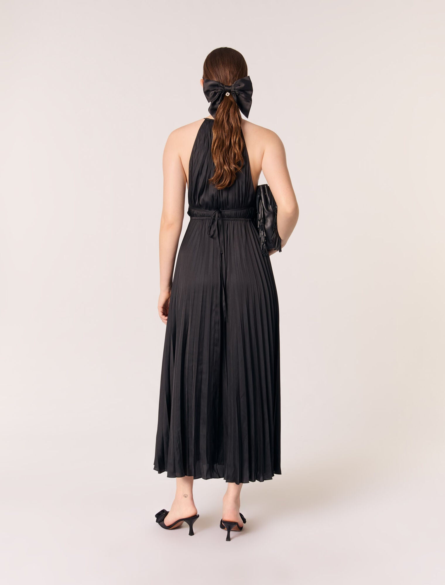 Black-pleated satin maxi dress