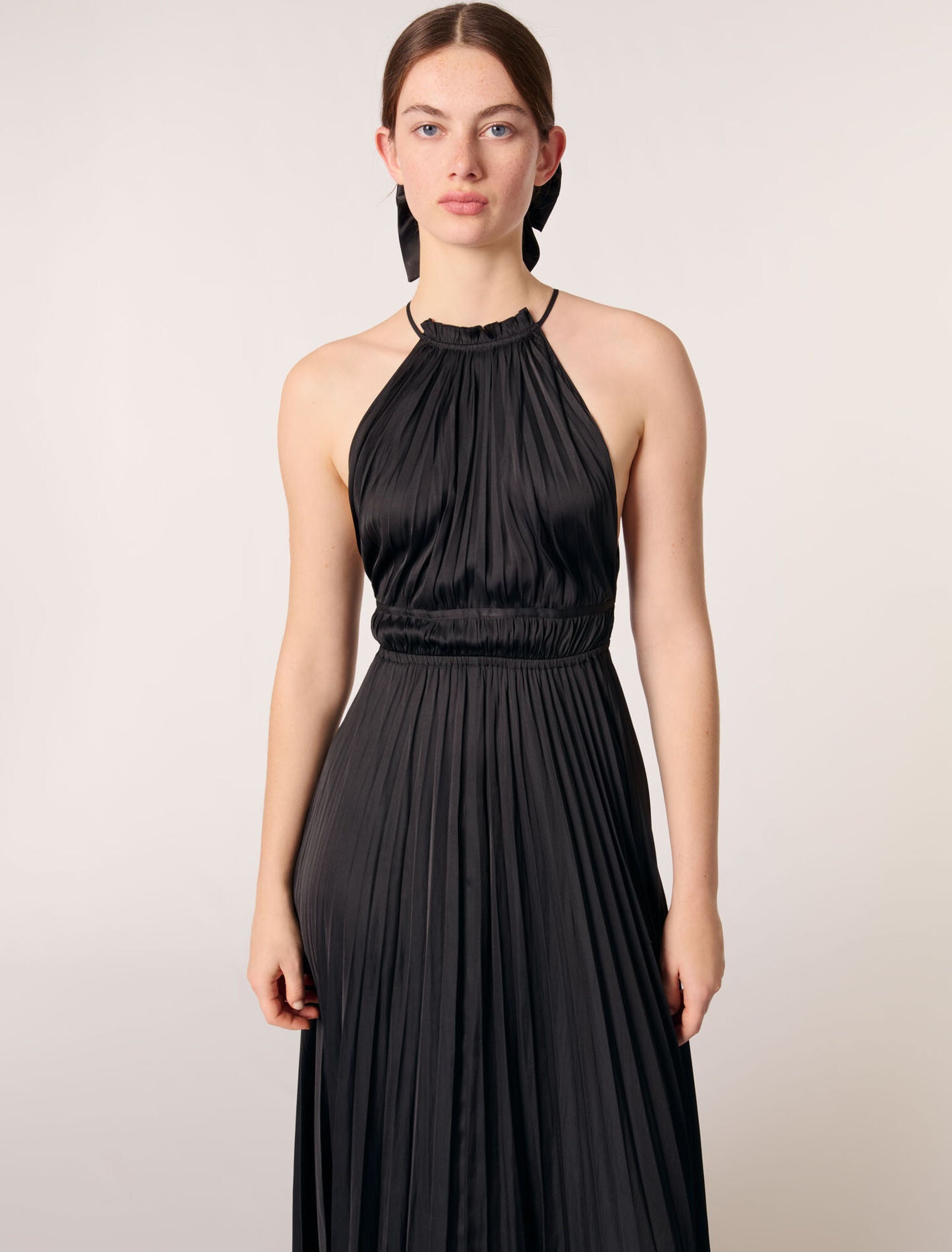 Black-pleated satin maxi dress