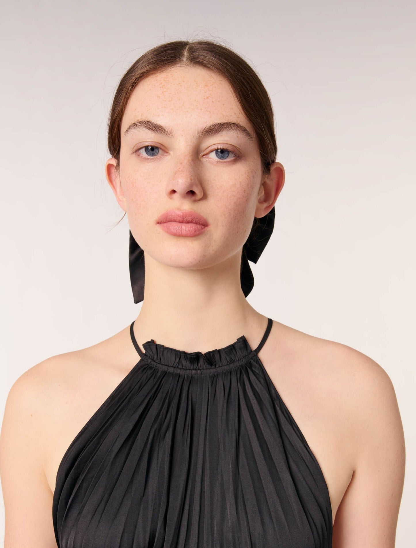 Black-pleated satin maxi dress