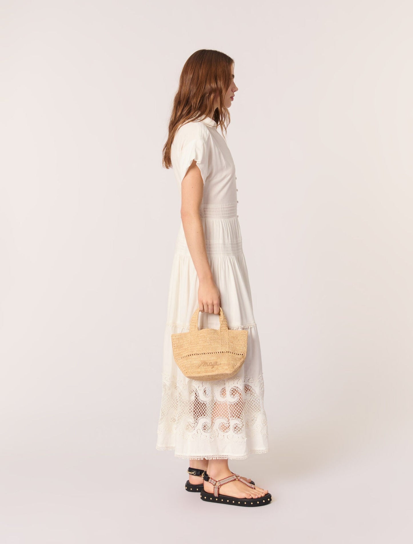 Ecru-Embroidered ruffled maxi dress
