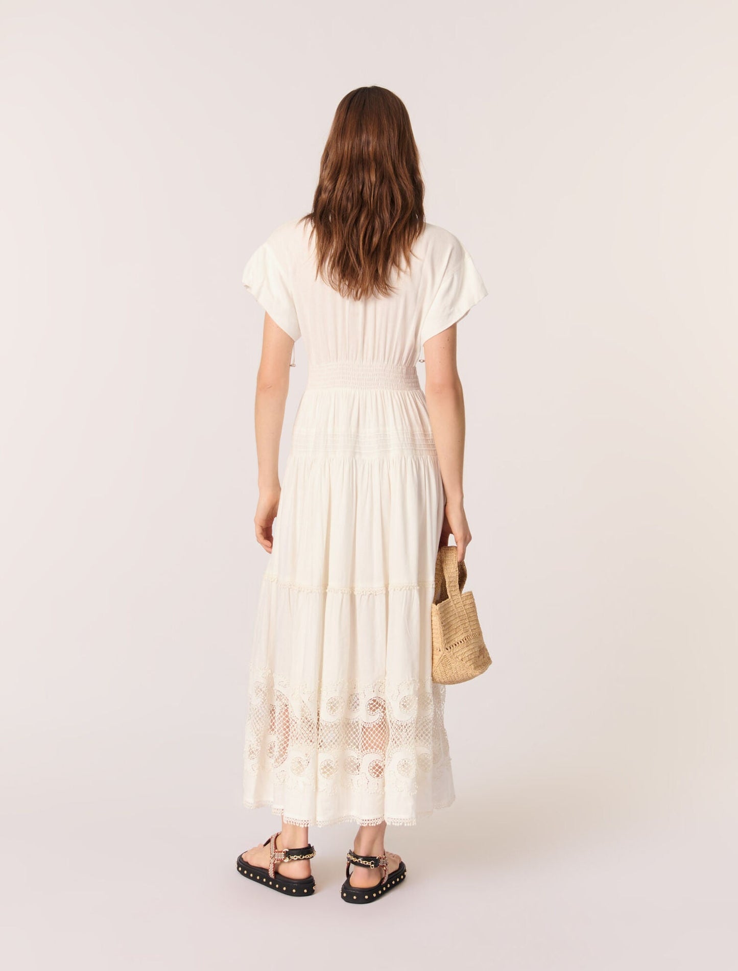 Ecru-Embroidered ruffled maxi dress