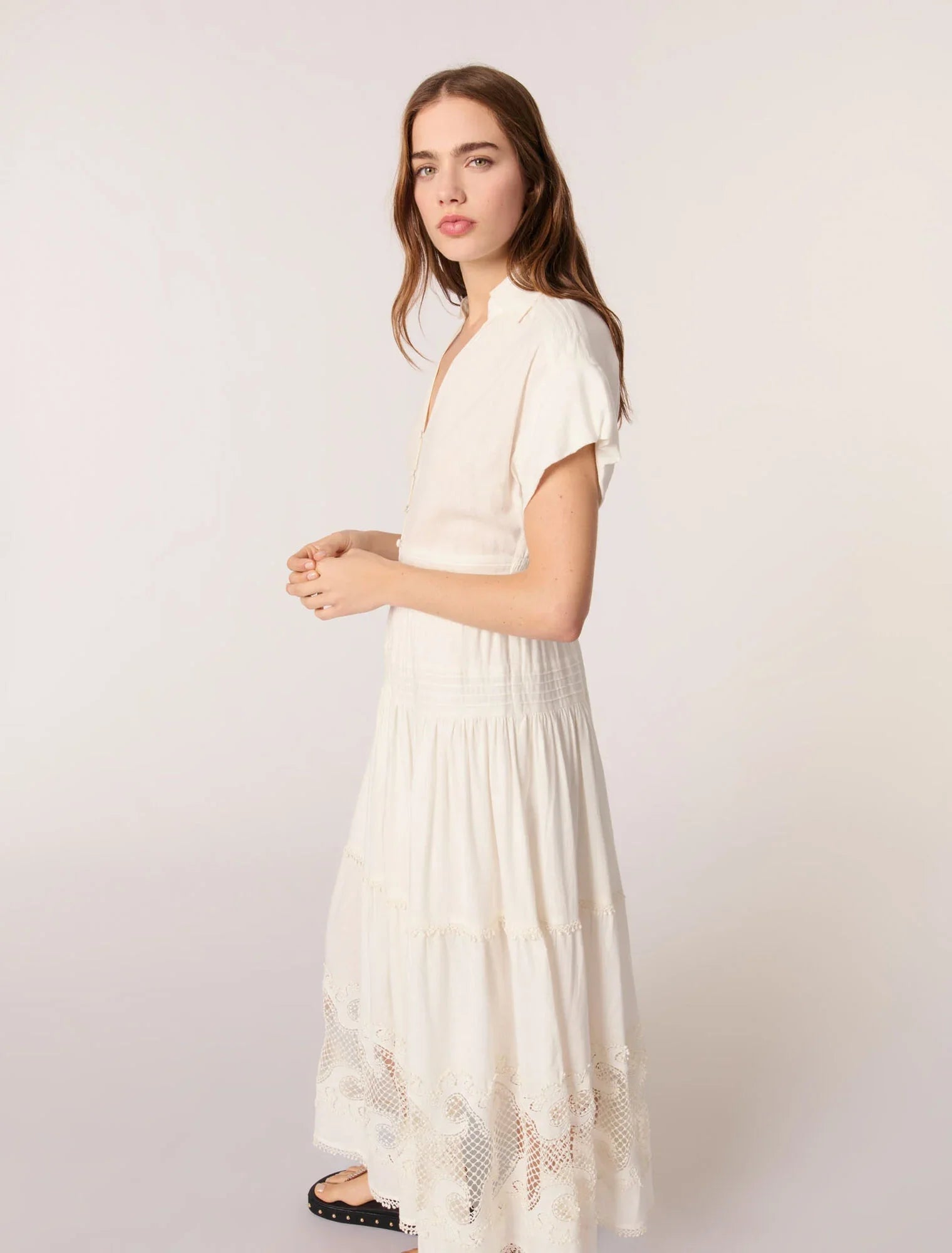 Ecru-Embroidered ruffled maxi dress