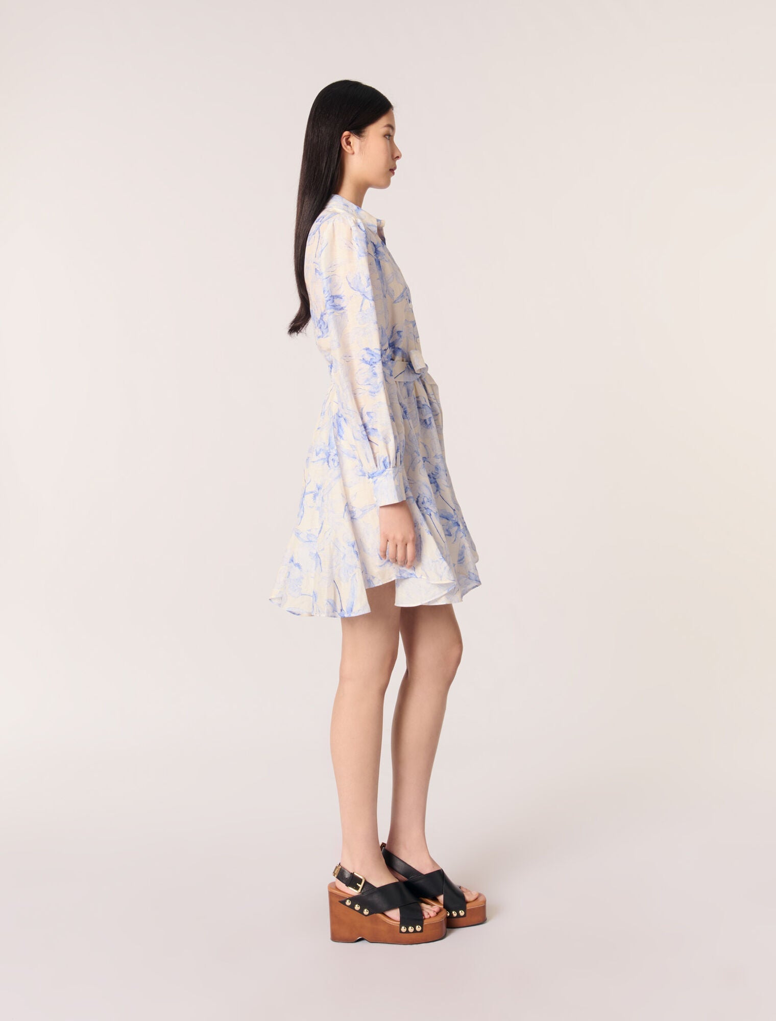 Blue Flower Print Ecru Base-Patterned shirt dress