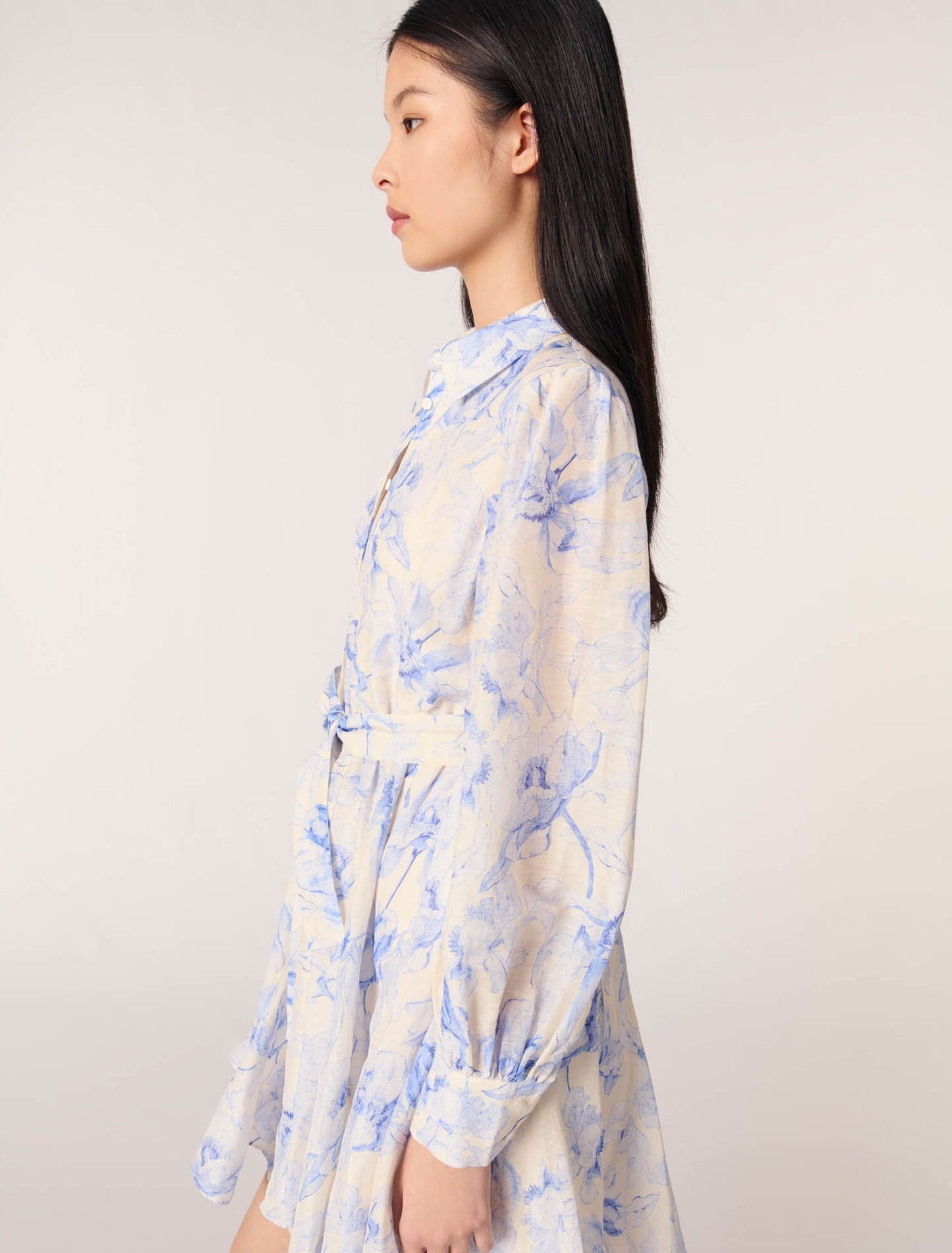 Blue Flower Print Ecru Base-Patterned shirt dress