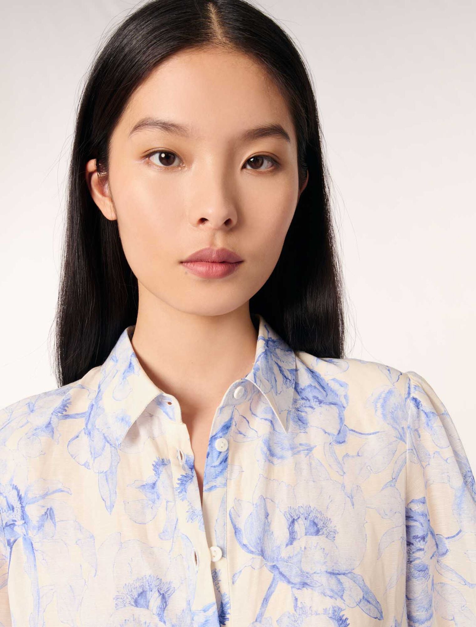 Blue Flower Print Ecru Base-Patterned shirt dress