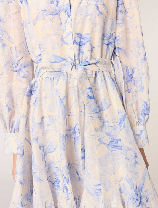 Blue Flower Print Ecru Base-Patterned shirt dress