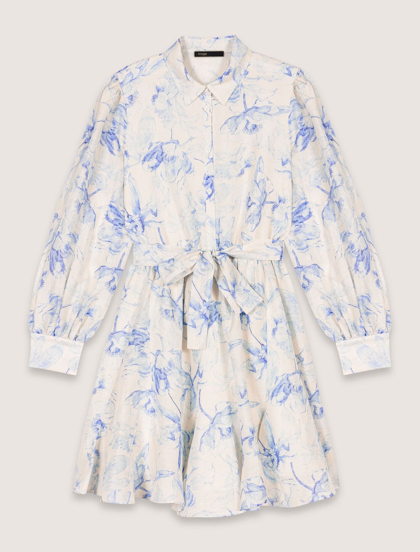 Blue Flower Print Ecru Base-Patterned shirt dress