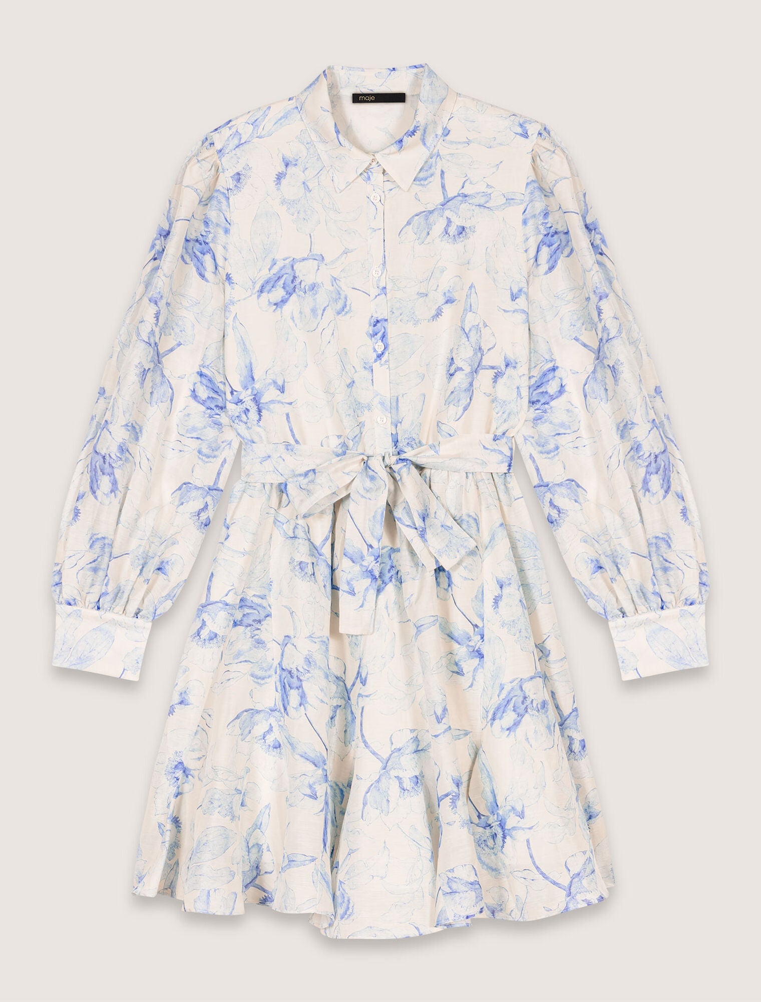 Blue Flower Print Ecru Base-Patterned shirt dress