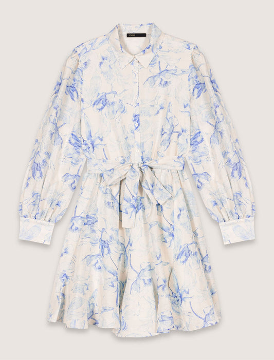 Blue Flower Print Ecru Base-Patterned shirt dress