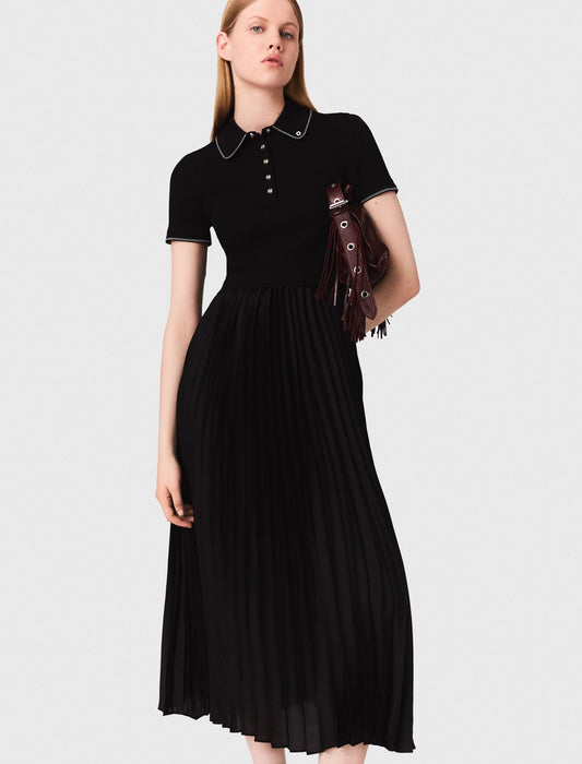 Pleated maxi dress with polo collar