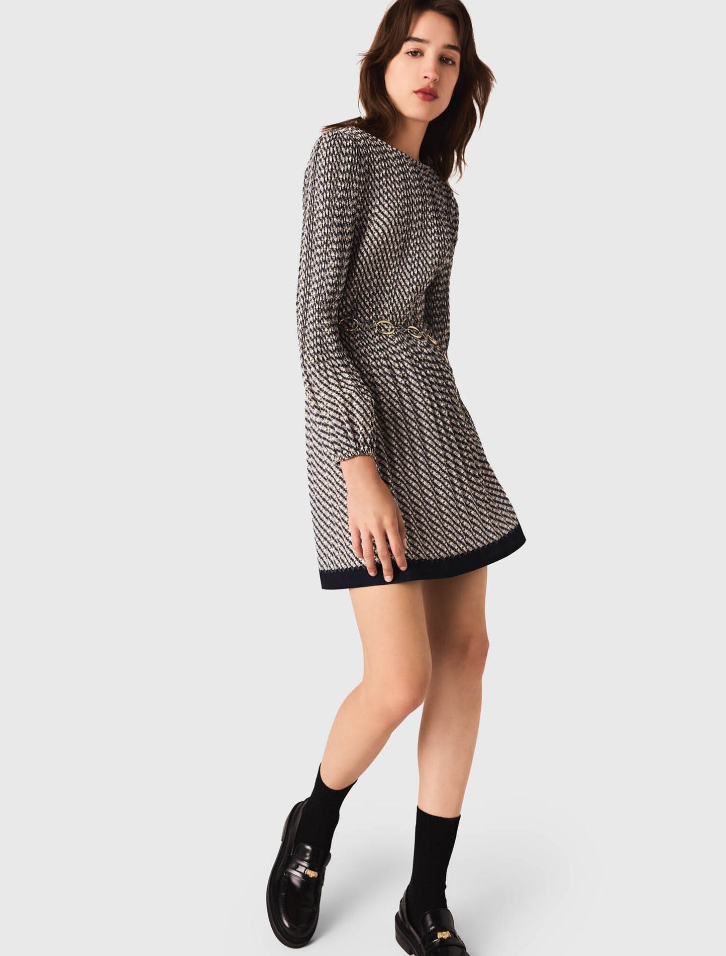 Patterned pleated dress Ecru Print-Tie