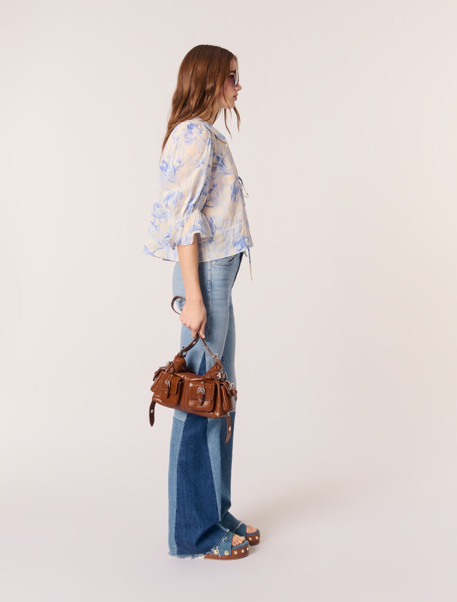 Blue Flower Print Ecru Base-Patterned top