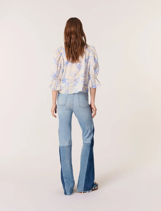 Blue Flower Print Ecru Base-Patterned top