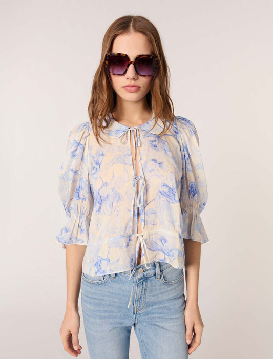 Blue Flower Print Ecru Base-Patterned top