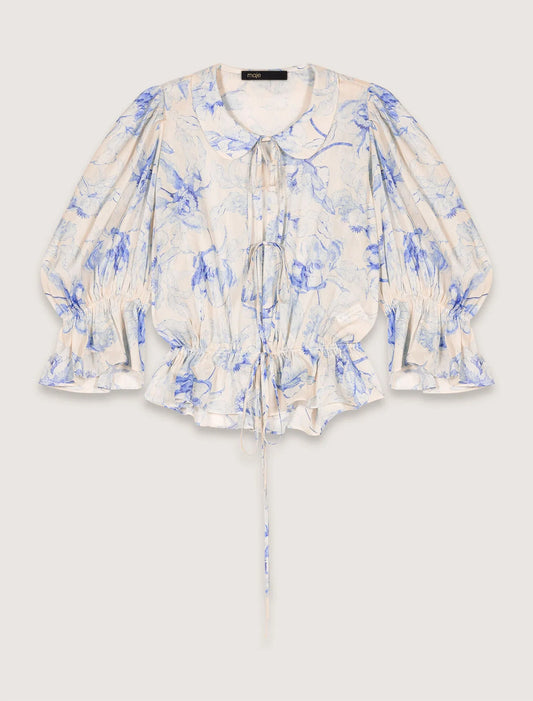 Blue Flower Print Ecru Base-Patterned top