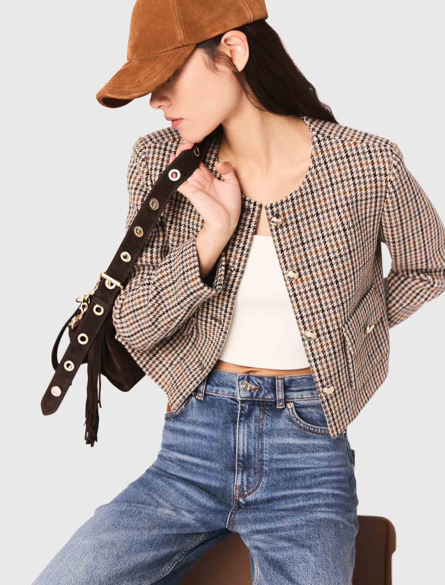 Short checked jacket Beige