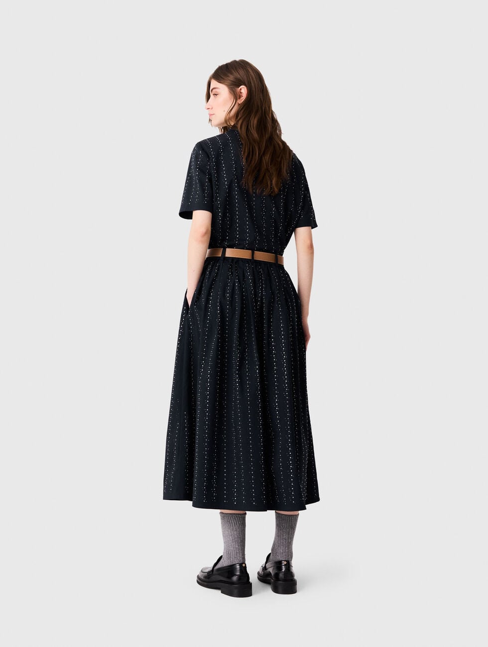 Long rhinestone cotton skirt Navy